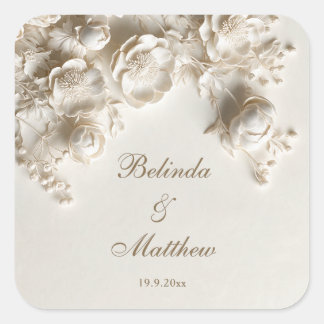 Adesivo Quadrado Rosas Florais em 3D em Marfim | Casamento