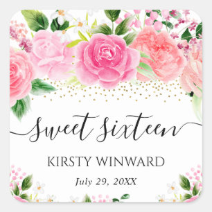 Adesivo Quadrado Rosas Flores Rosa Aquarela Sweet Sixteen