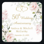 Adesivo Quadrado Rosas Foliage Hearts 50º Aniversário de Casamento<br><div class="desc">Vinheta do 50º aniversário de casamento com imagens de rosas rosados,  folhagem verde e corações unidos. Personalize com seus nomes e data.</div>