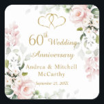 Adesivo Quadrado Rosas Foliage Hearts 60º Aniversário de Casamento<br><div class="desc">Vinheta do 60º Aniversário de Casamento com imagens de rosas rosados,  folhagem verde e corações unidos. Personalize com seus nomes e data.</div>