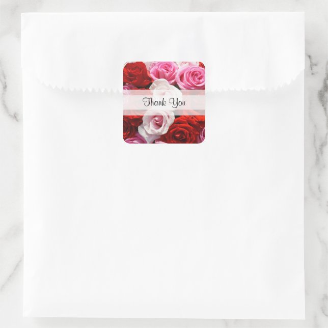 Adesivo Quadrado Rosas "Obrigado" personalizados (Bolsa)