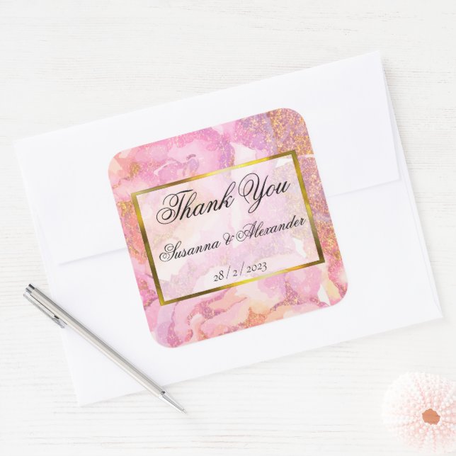 Adesivo Quadrado Rosas Românticos de Aquarela Rosa Casamento Obriga (Envelope)