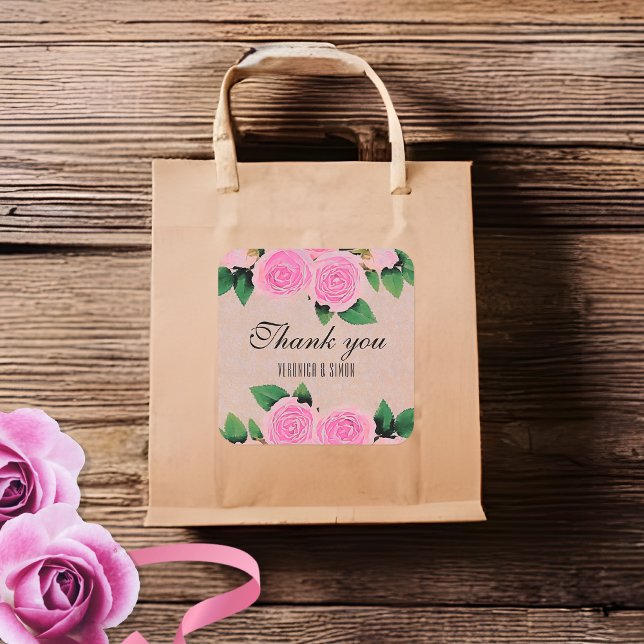 Adesivo Quadrado Rosas Rosa De Watercolor Obrigado Casamento (Criador carregado)