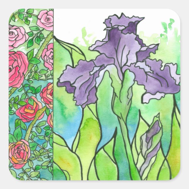 Adesivo Quadrado Rosas Rosa Roxos Roxos Iris Watercolor Flores (Frente)