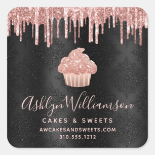 Adesivo Quadrado Rose Gold Cupcake Glitter Drips Padaria em Preto