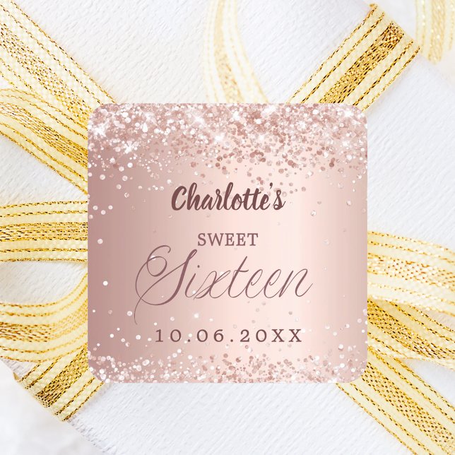 Adesivo Quadrado Rose gold script Sweet 16 (Criador carregado)
