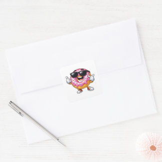 Adesivo Quadrado Rosquinha Com Óculos De Sol Ilustração Divertida D
