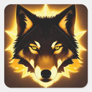 Adesivo Quadrado Rosto de Lobo Radiante Iluminado por Luz Dourada