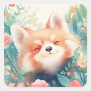 Adesivo Quadrado Rosto Feliz de Panda Vermelho no Jardim de Flores 