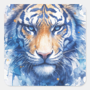Adesivo Quadrado Rosto Majestoso de Tigre com Aquarela Azul e Doura