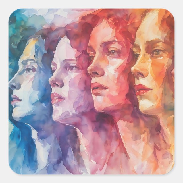 Adesivo Quadrado Rostos femininos - Pintura por aquarela (Frente)