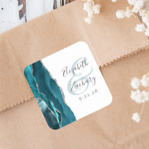 Adesivo Quadrado Roteiro de Geodo de Ágata Azul Teal Prata Casament