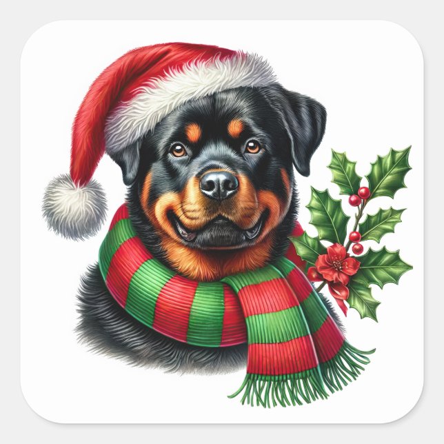 Adesivo Quadrado Rottweiler alegre com chapéu de Natal e escarf (Frente)