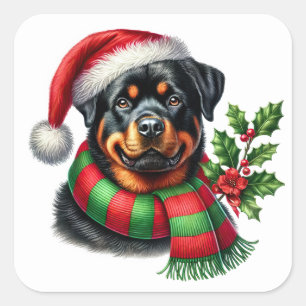 Adesivo Quadrado Rottweiler alegre com chapéu de Natal e escarf