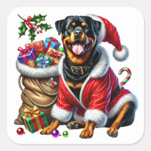 Adesivo Quadrado Rottweiler em Festa Festiva com Presentes de Natal