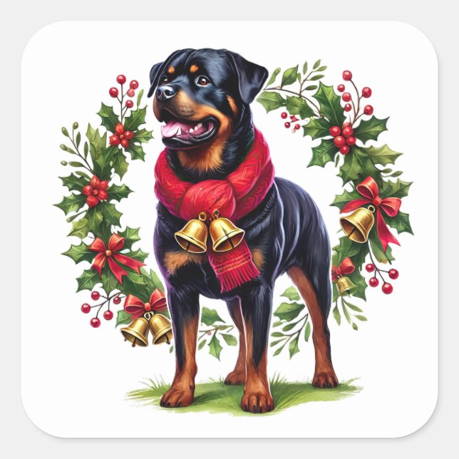 Adesivo Quadrado Rottweiler em uma coroa de Natal com sinos (Frente)
