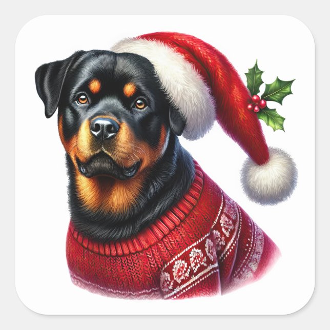 Adesivo Quadrado Rottweiler Natal Vestindo um Suéter Festivo (Frente)