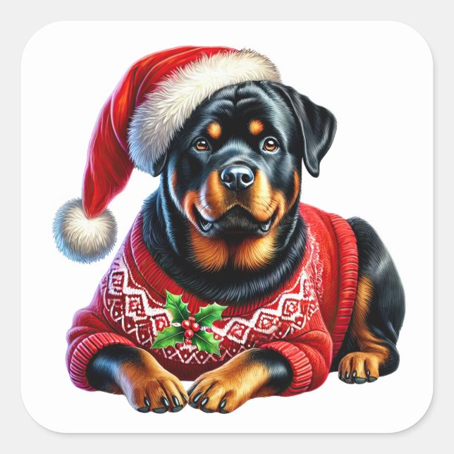 Adesivo Quadrado Rottweiler Natal Vestindo um Suéter Festivo (Frente)