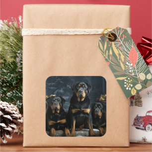 Adesivo Quadrado Rottweiler Snowy Sleigh Decência de Natal