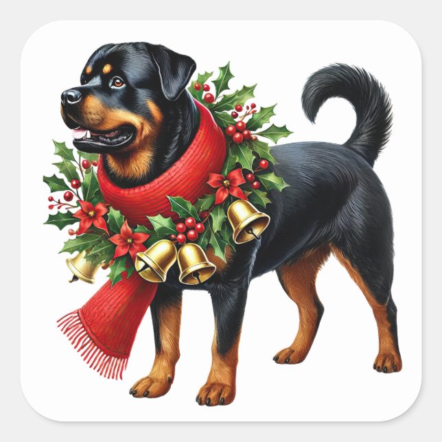 Adesivo Quadrado Rottweiler Vestido no Natal (Frente)