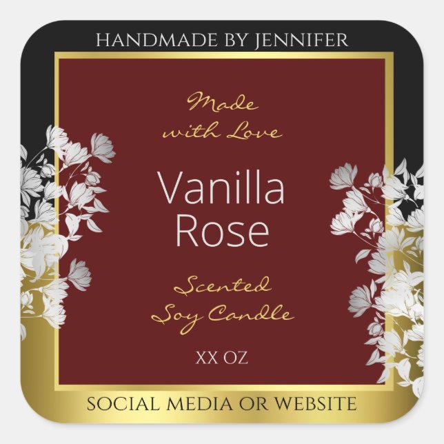 Adesivo Quadrado Rotulagens Douradas de Produtos Florais de Silver  (Frente)