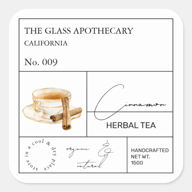Adesivo Quadrado Rótulo Apothecary Cinnamon Herbal Tea (Frente)