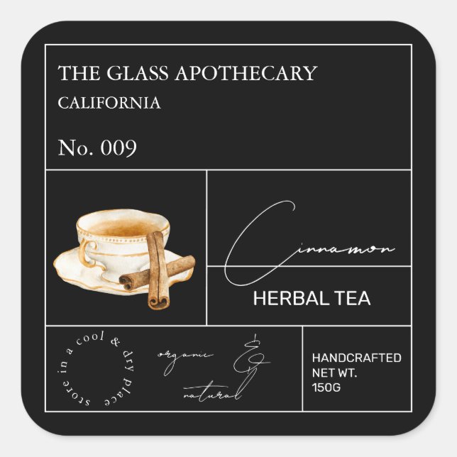 Adesivo Quadrado Rótulo Apothecary Cinnamon Herbal Tea (Frente)