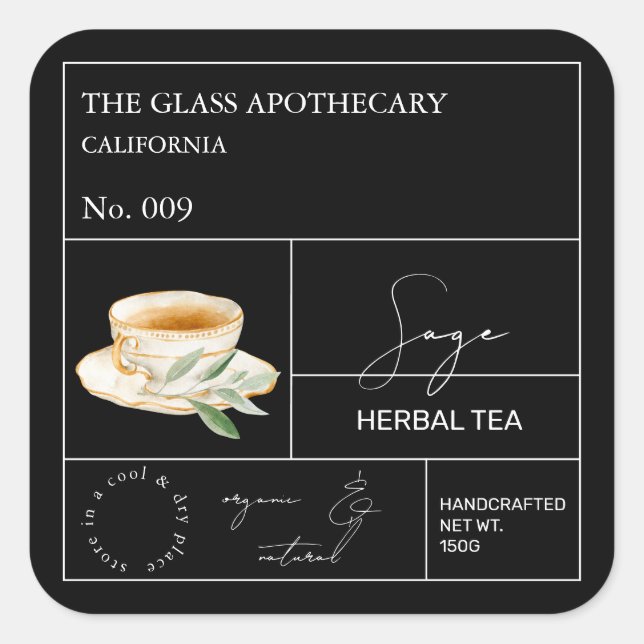 Adesivo Quadrado Rótulo Apothecary Sage Herbal Tea (Frente)