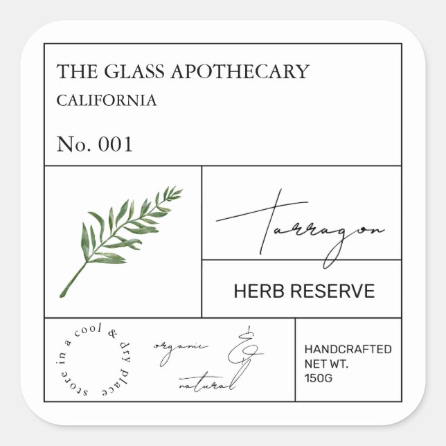 Adesivo Quadrado Rótulo Apothecary Tarragon (Frente)