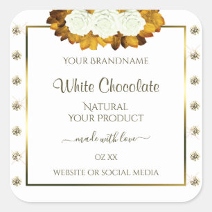 Adesivo Quadrado Rótulo branco Dourado do produto Rosa de laranja F