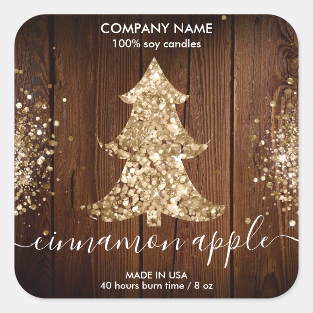 Adesivo Quadrado Rótulo da Vela da Árvore de Natal Rustic Glitter (Frente)