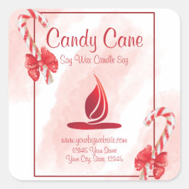 Adesivo Quadrado Rótulo da Vela de Natal Candy Cane Watercolor