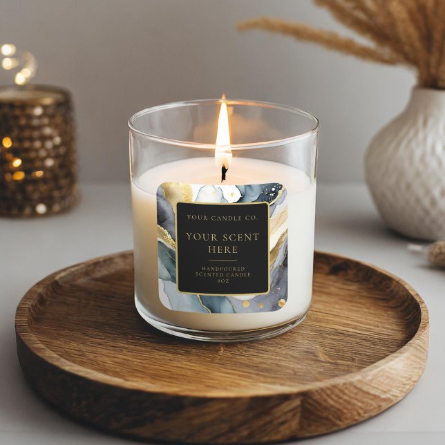 Adesivo Quadrado Rótulo da Vela Elegante Dourada Elegante Negra Mod (Criador carregado)