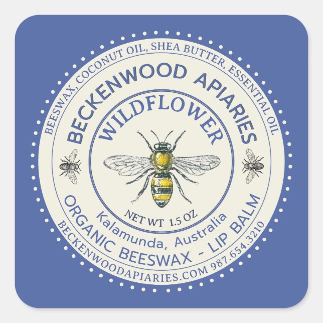 Adesivo Quadrado Rótulo de Bálsamo Labial Abelha Mel Amarela     (Frente)