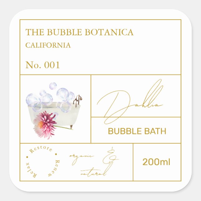 Adesivo Quadrado Rótulo de Banho de Bolha Apothecary Dahlia (Frente)