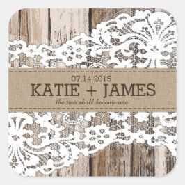 Adesivo Quadrado Rótulo de Casamento de Madeira e Lace Rustic Count