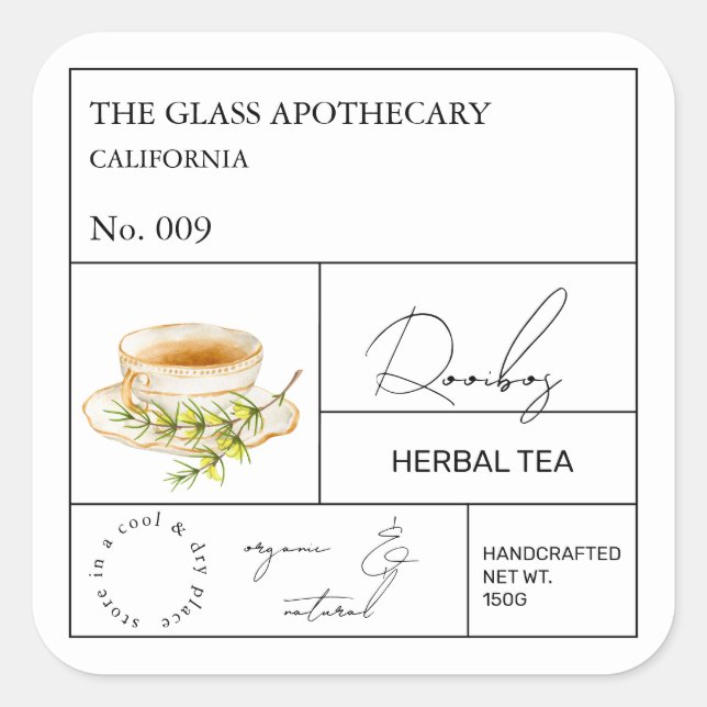 Adesivo Quadrado Rótulo de Chá de Ervas Rooibos Apothecary (Frente)