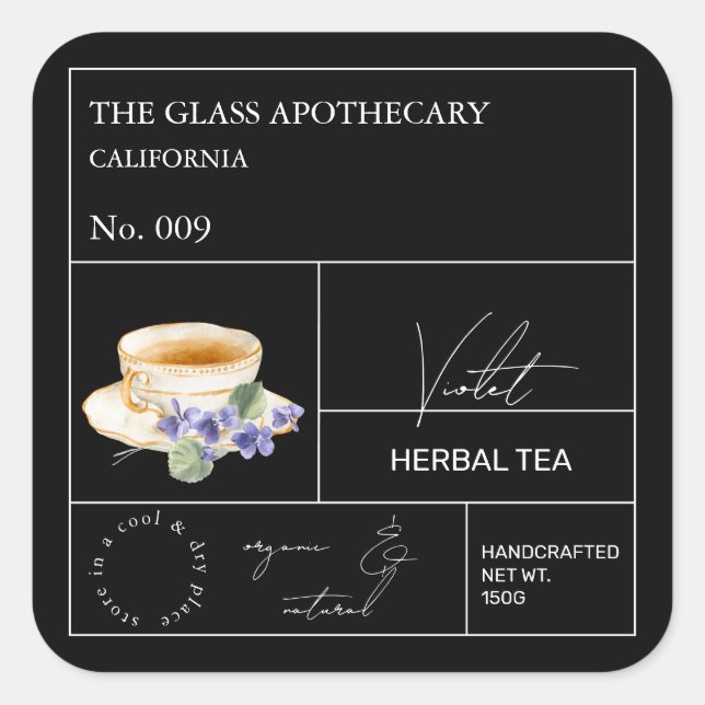 Adesivo Quadrado Rótulo de Chá de Ervas Violeta Apothecary (Frente)