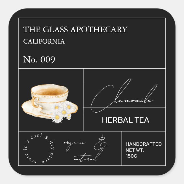 Adesivo Quadrado Rótulo de Chá Herbal do Camomile (Frente)