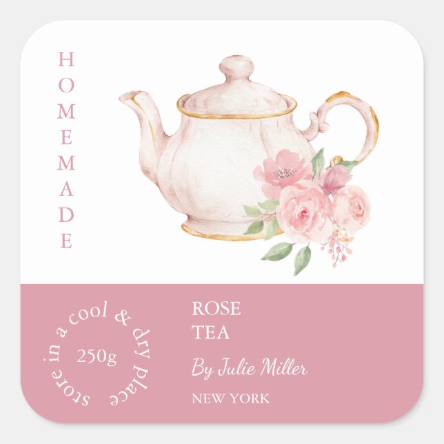 Adesivo Quadrado Rótulo de Chá Rosa Teapot (Frente)