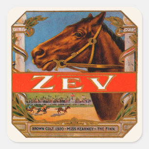 Adesivo Quadrado Rótulo de charuto vintage, potro marrom Zev Race H