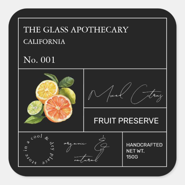 Adesivo Quadrado Rótulo de Citros Mistos Apothecary (Frente)