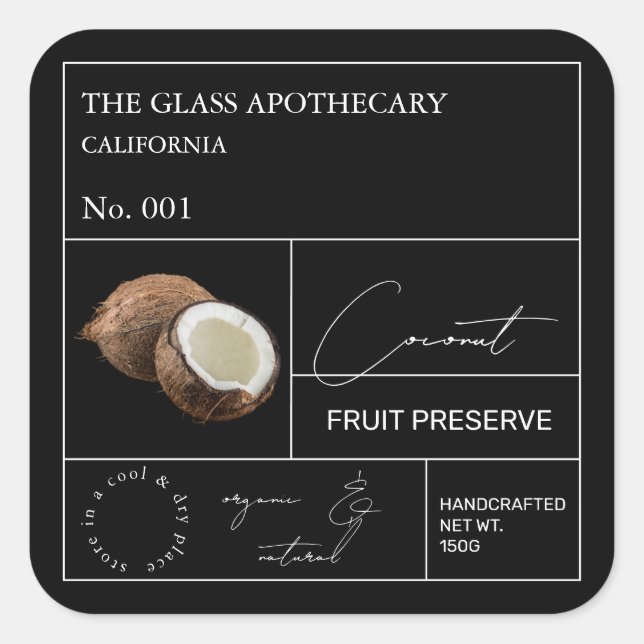 Adesivo Quadrado Rótulo de Coco Apothecary (Frente)