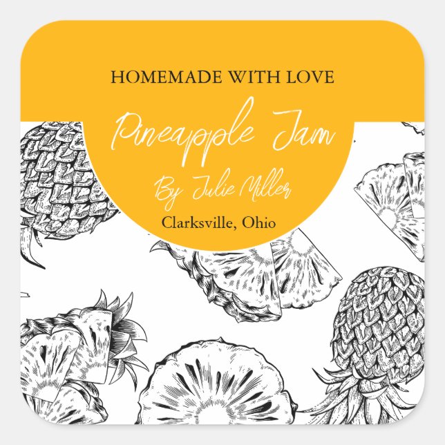 Adesivo Quadrado Rótulo de emperramento de abacaxi preto e branco (Frente)