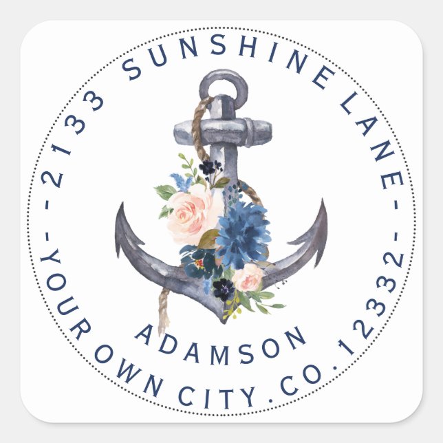Adesivo Quadrado Rótulo de Endereço Circular de Âncora Floral Azul  (Frente)