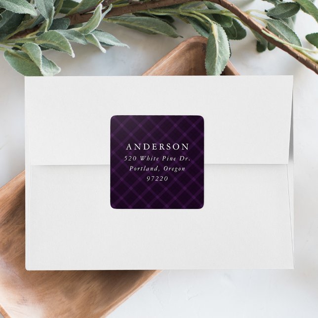 Adesivo Quadrado Rótulo de Endereço de Retorno de Xadrez Roxo Bruto (Criador carregado)