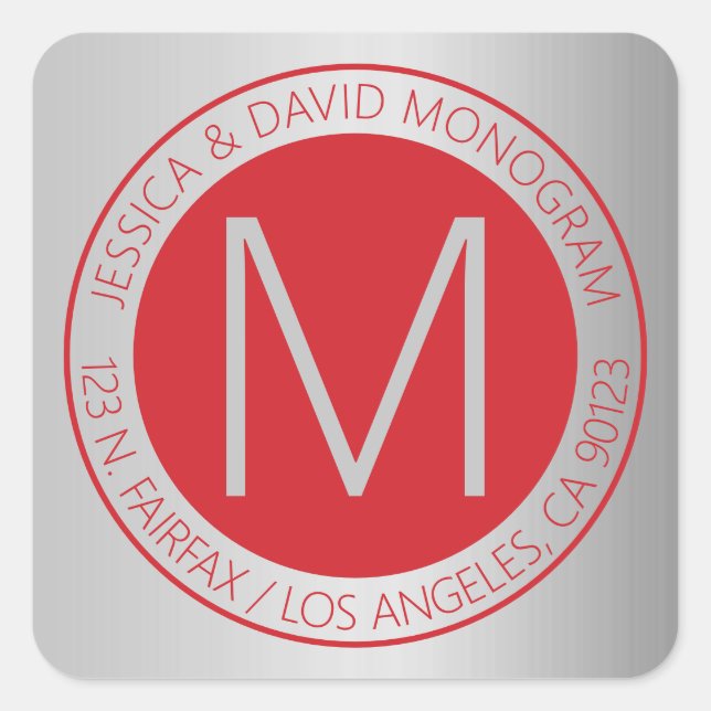 Adesivo Quadrado Rótulo de Endereço de Retorno do Red & Faux Silver (Frente)