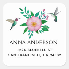 Adesivo Quadrado Rótulo de Endereço Hummingbird e Wild Rosa