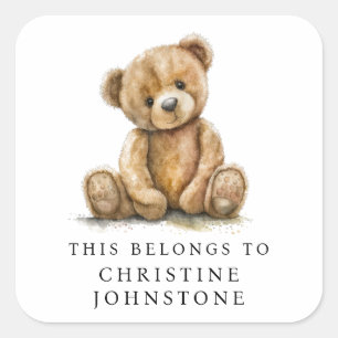 Adesivo Quadrado Rótulo de Ex-libris de Urso Teddy em Aquarela para
