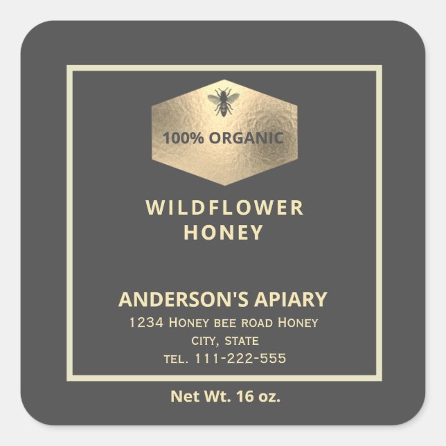 Adesivo Quadrado Rótulo de frasco de mel de abelha de ouro moderno (Frente)